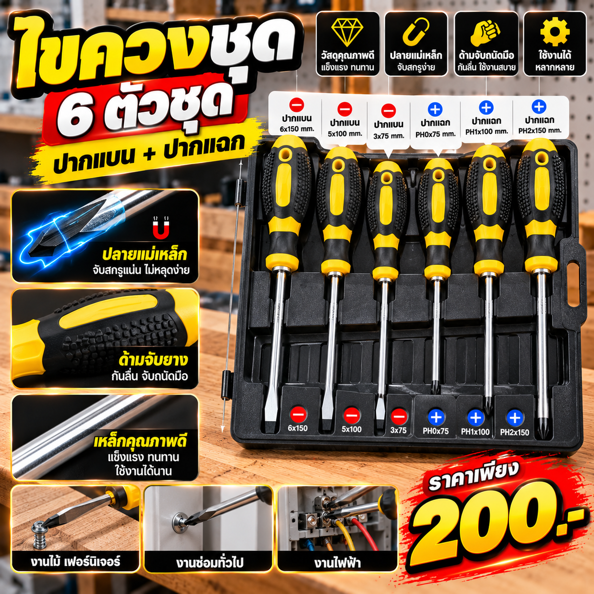 ￼ไขควงชุด ( ปากแบน + ปากแฉก ) 6 ตัวชุด